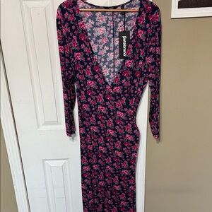 Betabrand Floral Long Sleeve Wrap Dress - Pink and Black Size Large